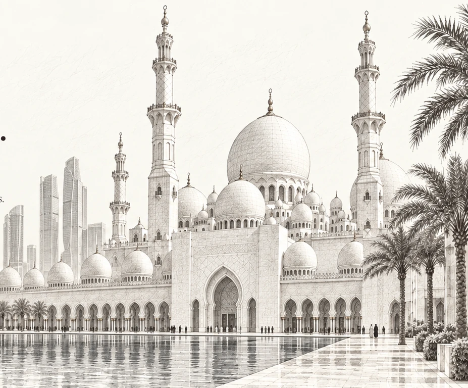 Abu Dhabi architectural composition with the Grand Mosque and a business-district skyline.