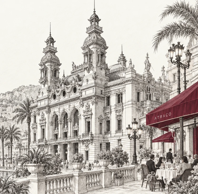 Monte-Carlo architecture with small dinner guests and a conceptual maroon ATRACO awning.