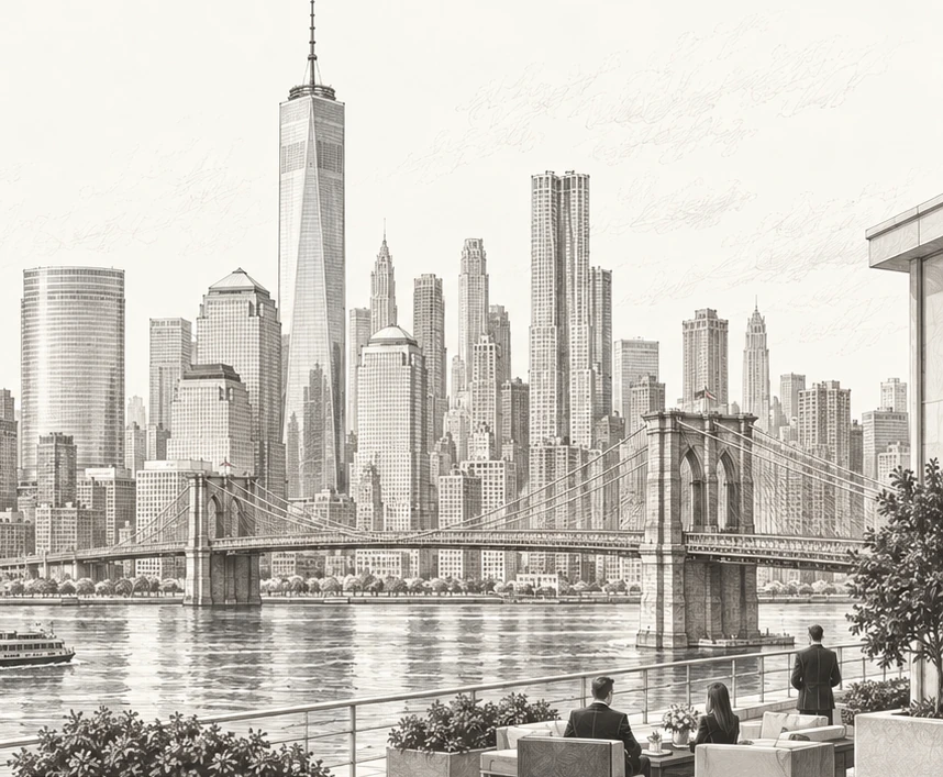 New York skyline and bridge, with small distant business figures.