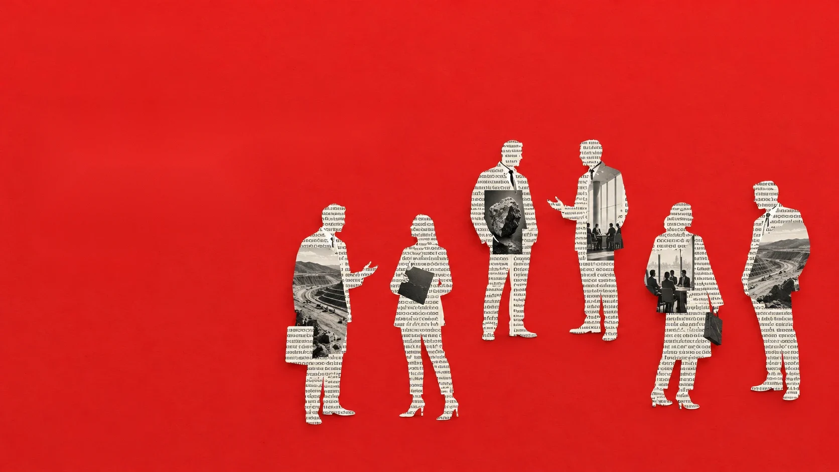 Paper-cut business figures in conversation on a red background