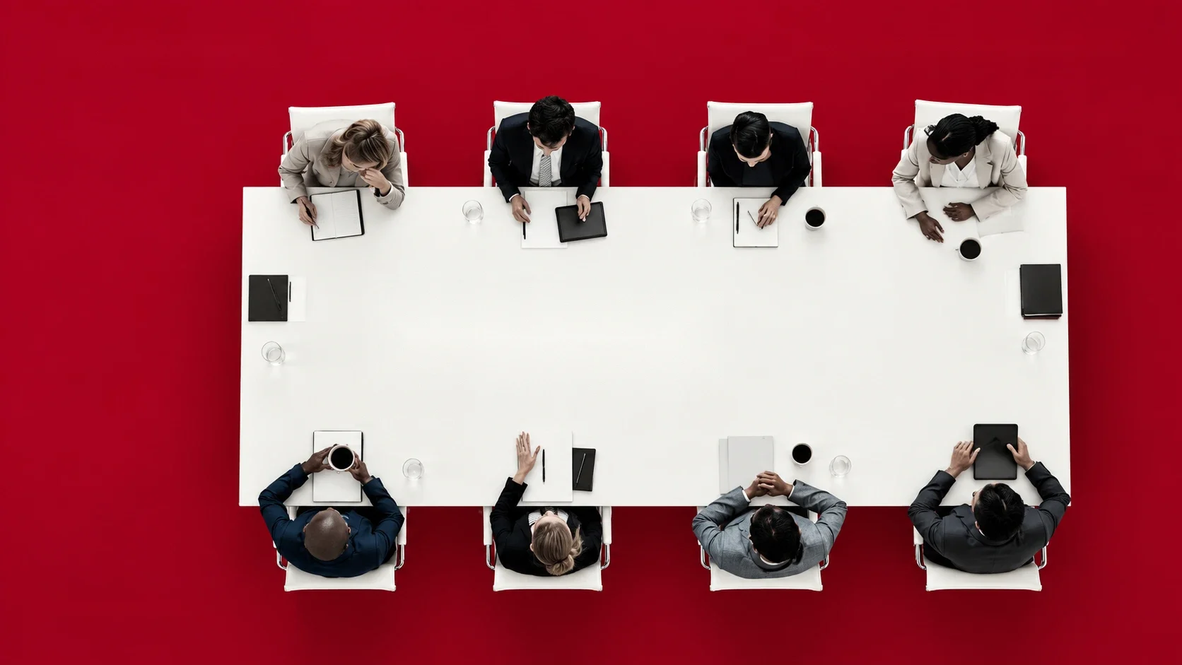 Overhead view of eight people meeting around a long white table